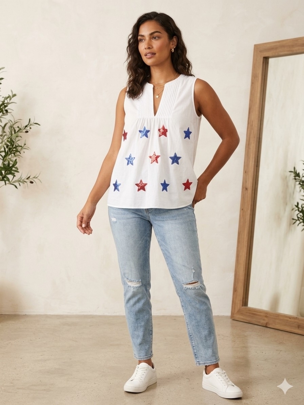 White Sleeveless Star Embroidered V-Neck Top - Red & Blue Stars With Sunglasses